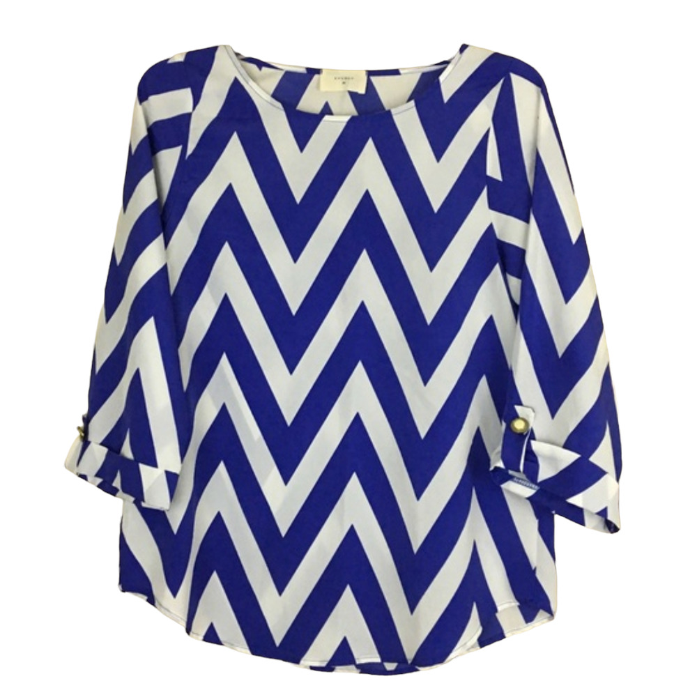Everly Womens Chevron Striped Blouse Size Small Blue‎ White Polyester Pullover